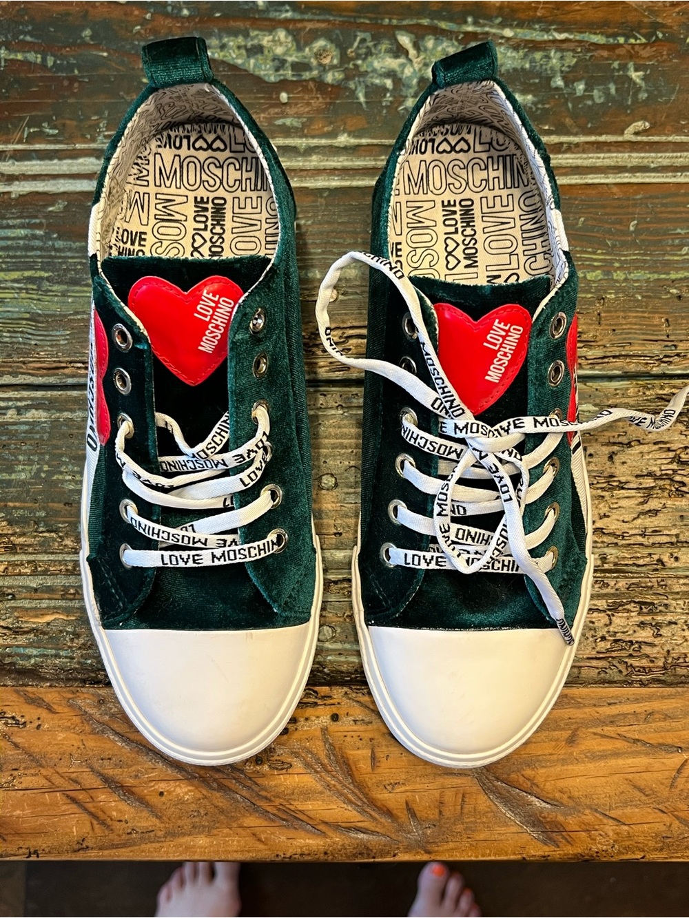 Moschino Green Velvet Sneakers with Red Heart Accent